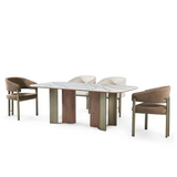 Vionno dining table with walnut timber pillars and metallic pewter pedestal detailing
