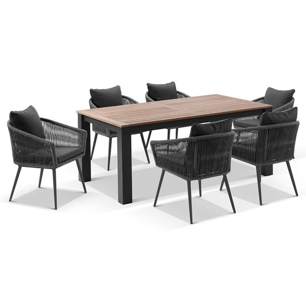 BALMORAL 1.8M OUTDOOR TEAK AND ALUMINIUM DINING TABLE WITH 6 HERMAN ROPE CHAIRS