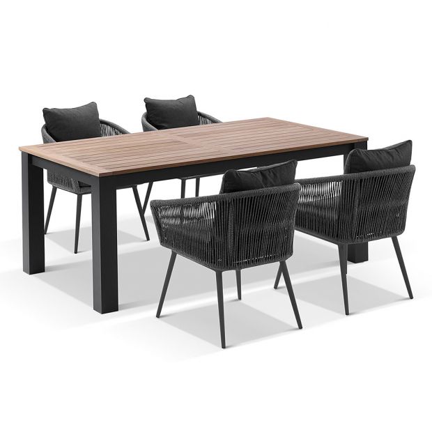 BALMORAL 1.8M OUTDOOR TEAK AND ALUMINIUM DINING TABLE WITH 6 HERMAN ROPE CHAIRS