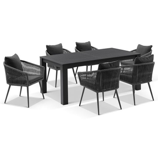 SANTORINI 1.8M OUTDOOR RECTANGLE ALUMINIUM DINING TABLE WITH 6 HERMAN ROPE CHAIRS