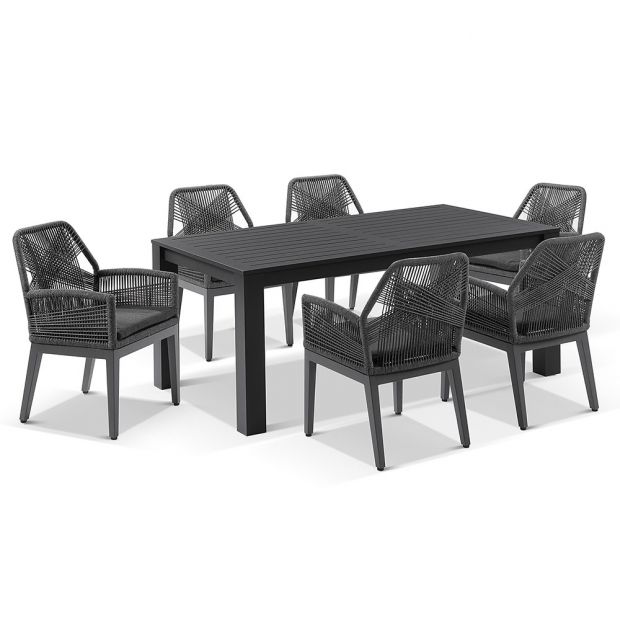 SANTORINI 1.8M OUTDOOR RECTANGLE ALUMINIUM DINING TABLE WITH 6 HUGO ROPE CHAIRS