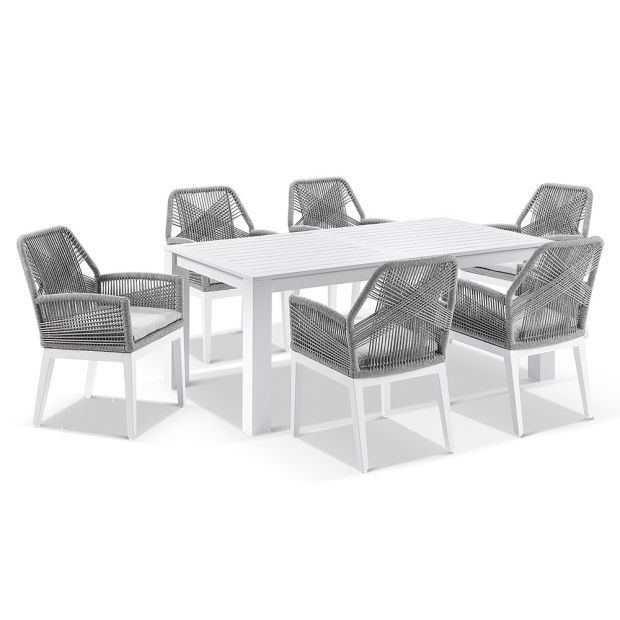 SANTORINI 1.8M OUTDOOR RECTANGLE ALUMINIUM DINING TABLE WITH 6 HUGO ROPE CHAIRS