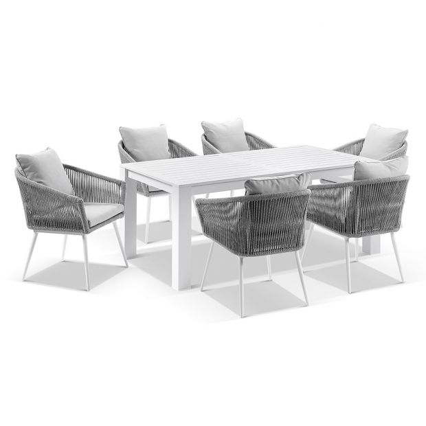 SANTORINI 1.8M OUTDOOR RECTANGLE ALUMINIUM DINING TABLE WITH 6 HERMAN ROPE CHAIRS