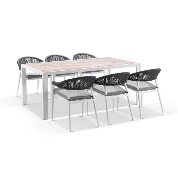 ALPINE OUTDOOR ALUMINIUM & CERAMIC TABLE WITH 6 FINLEY ROPE STACKABLE CHAIRS