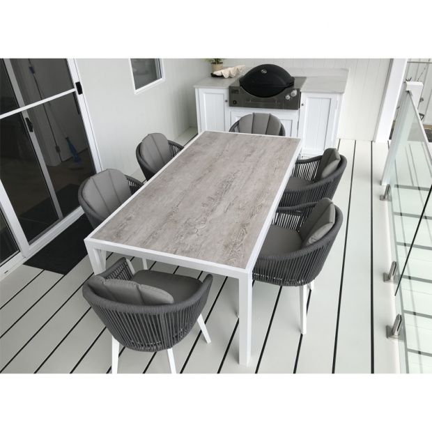 ALPINE OUTDOOR 6 SEATER ROPE AND ALUMINIUM DINING TABLE AND CHAIRS SETTING
