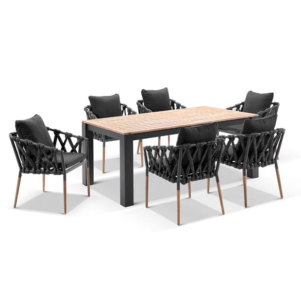 BALMORAL 1.8M OUTDOOR TEAK AND ALUMINIUM DINING TABLE WITH 6 COVE ROPE CHAIRS