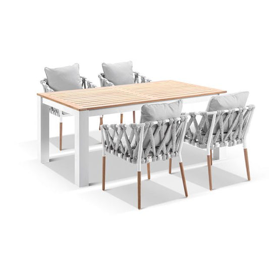 BALMORAL 1.8M OUTDOOR TEAK AND ALUMINIUM DINING TABLE WITH 6 COVE ROPE CHAIRS