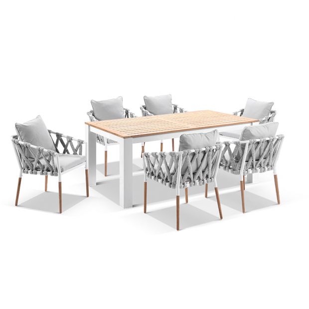 BALMORAL 1.8M OUTDOOR TEAK AND ALUMINIUM DINING TABLE WITH 6 COVE ROPE CHAIRS
