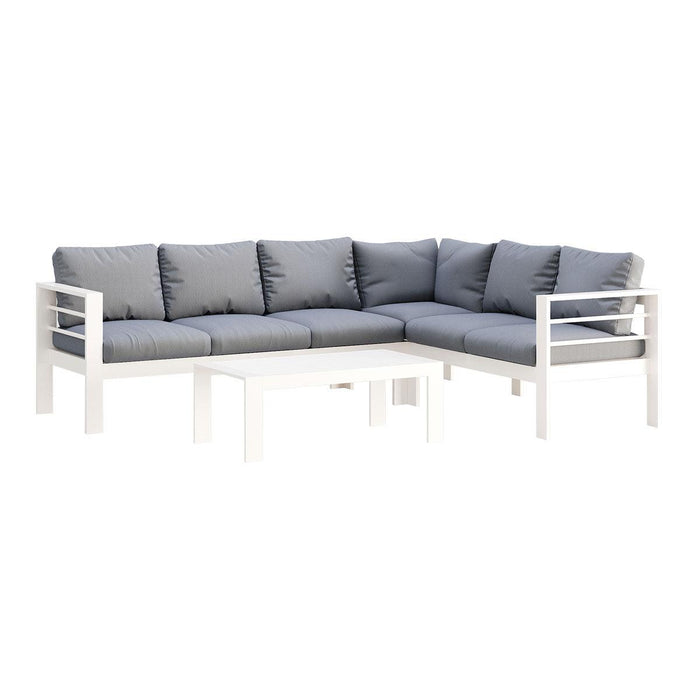Paris 6 Seater White Aluminium L-Shaped Sofa Lounge Set - Grey Cushion