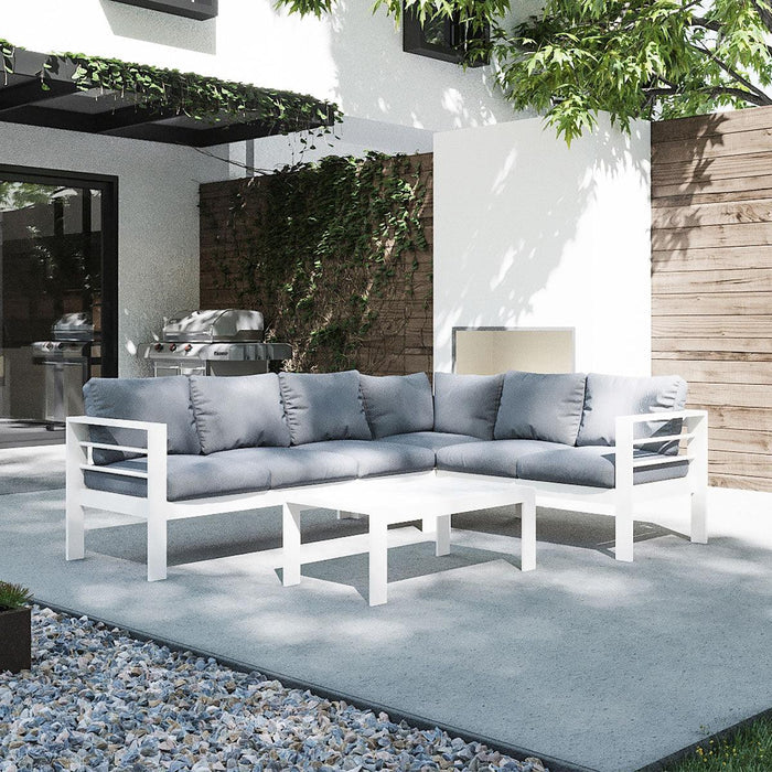 Paris 6 Seater White Aluminium L-Shaped Sofa Lounge Set - Grey Cushion