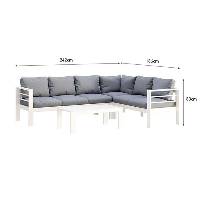 Paris 6 Seater White Aluminium L-Shaped Sofa Lounge Set - Grey Cushion