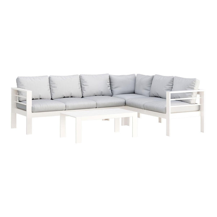 Paris 6 Seater White Aluminium L-Shaped Sofa Lounge Set - Light Grey Cushion